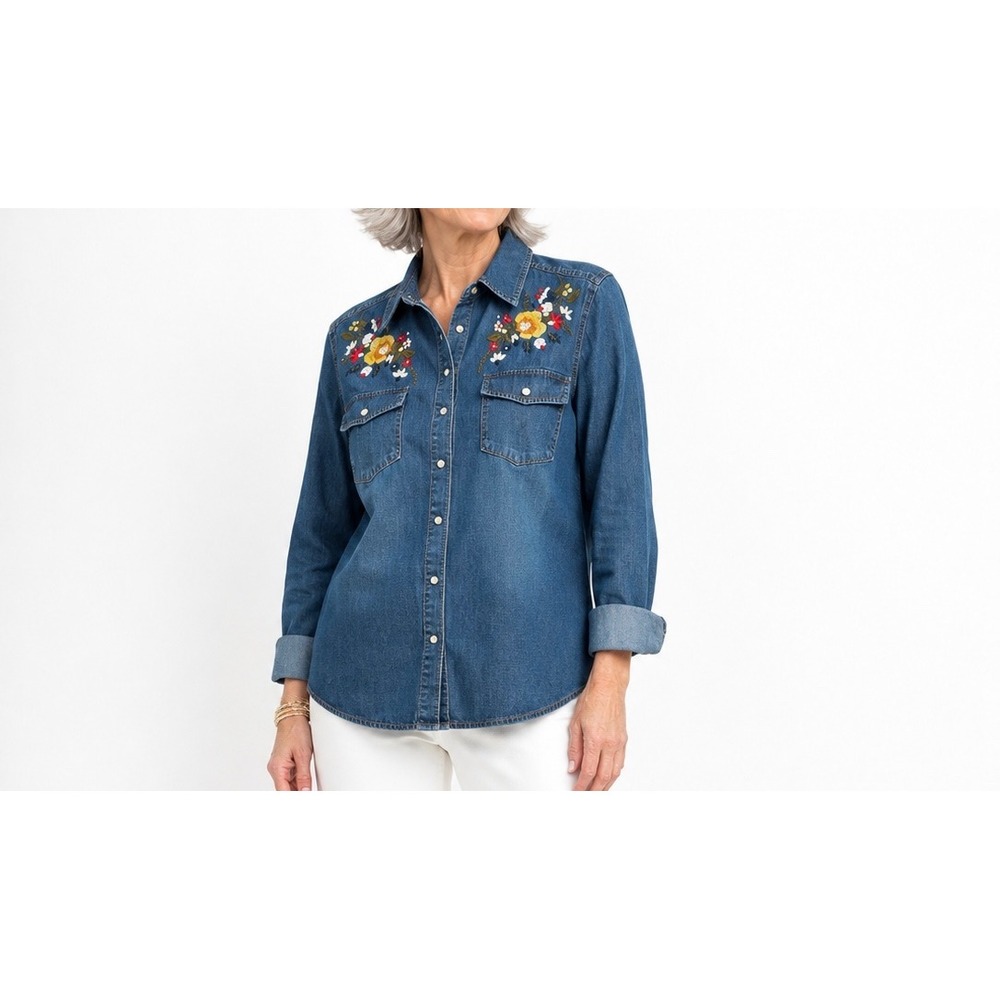Denim & Co Womens Blue Floral Embroidered Button Down Denim Shirt Large L